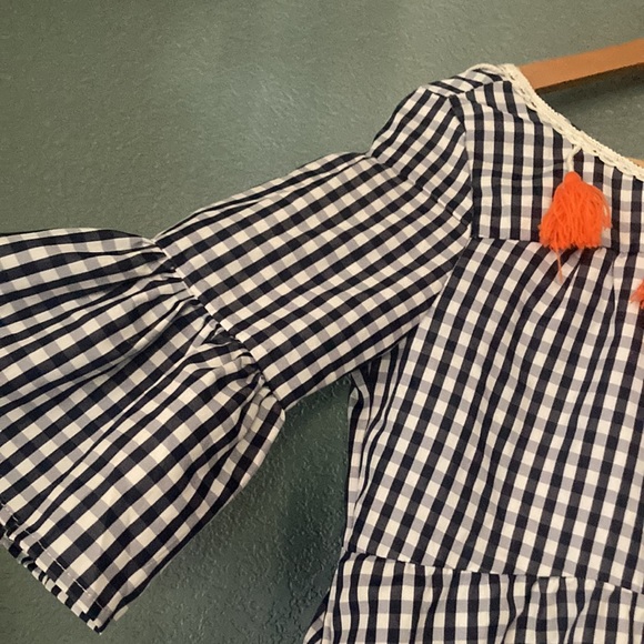 Navy and White Checkered Dress with Orange Tassel Detail - Picture 3 of 4